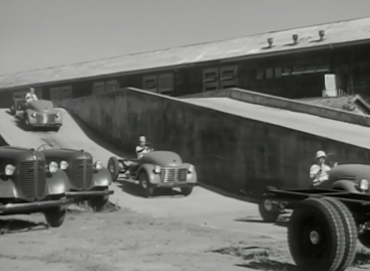 WW2 Toyota trucks driving off the line in the 1940s