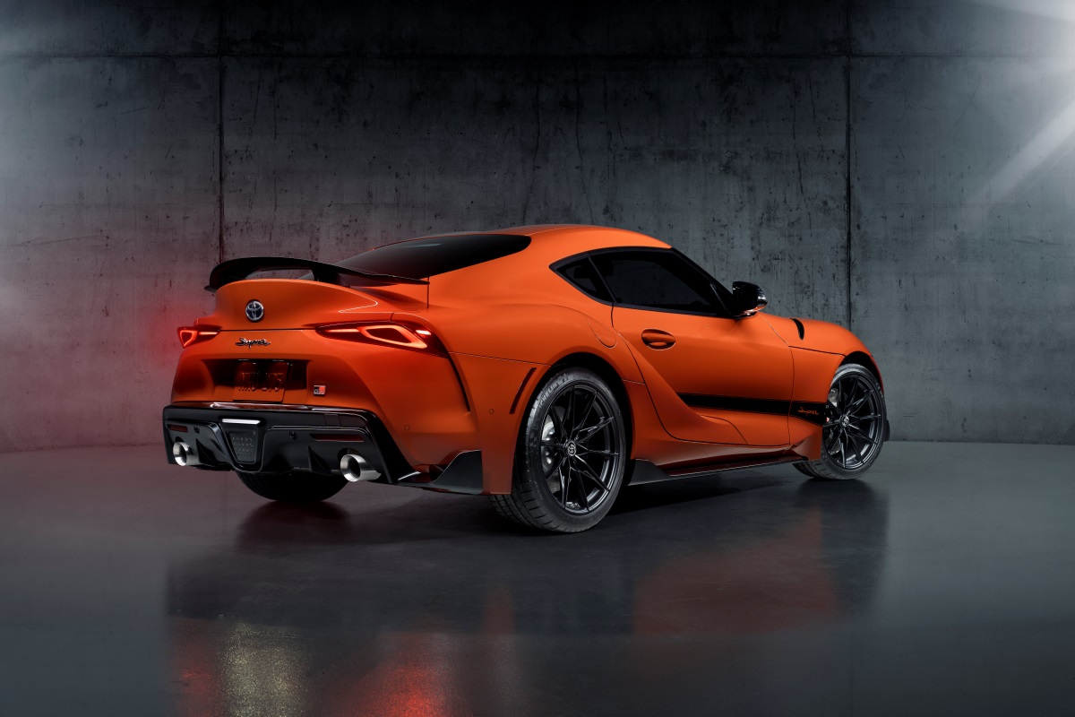 The 2024 Toyota GR Supra in it's special-edition orange and red livery