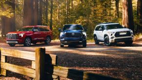 Three 2023 Toyota Sequoia full-size SUVs are parked outdoors.