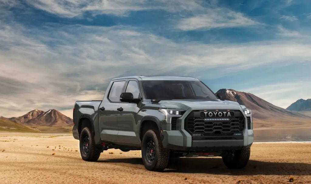 Silver 2023 Toyota Tacoma pickup front 3/4 view