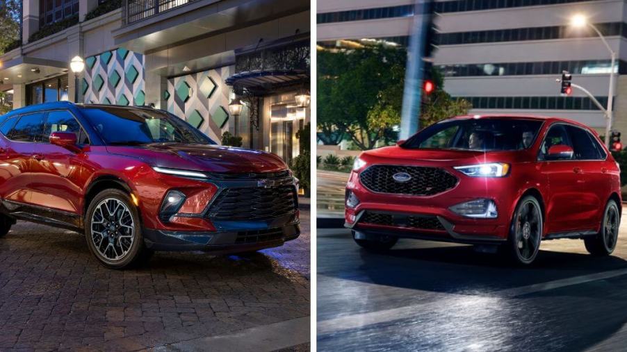 Red paint color options of the Chevy Blazer RS (L) and Ford Edge ST (R) performance trim midsize SUVs