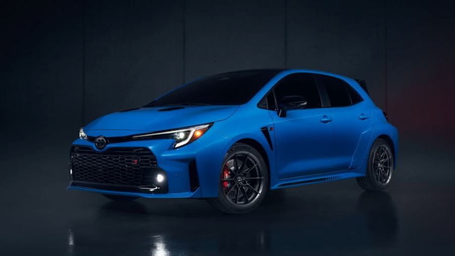 A promotional shot of a 2024 Toyota GR Corolla Circuit Edition performance hatchback model with AWD