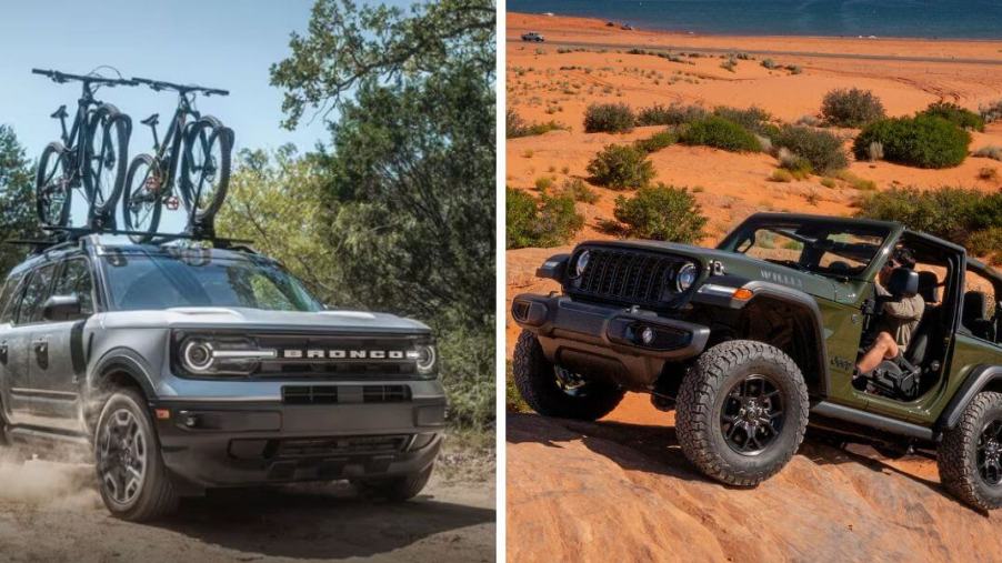 A 2024 Ford Bronco Sport with bikes on its roof rails (L) and a 2024 Jeep Wrangler Willys with its doors off