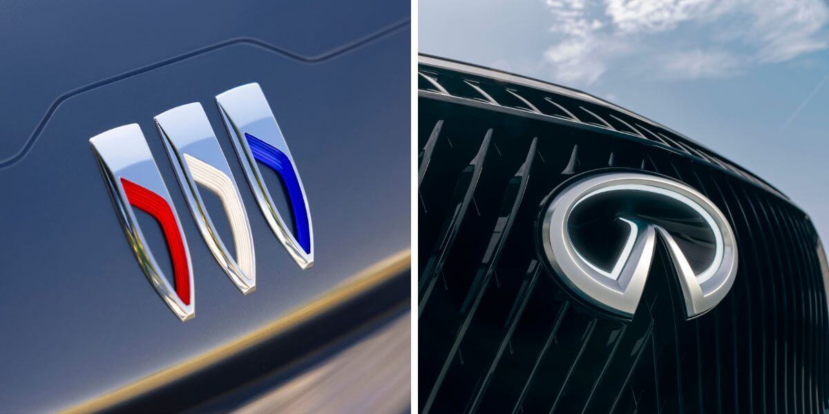The new Buick logo on the Wildcat EV concept (L) and the new Infiniti logo on the QX Monograph (R)