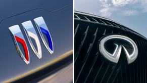The new Buick logo on the Wildcat EV concept (L) and the new Infiniti logo on the QX Monograph (R)