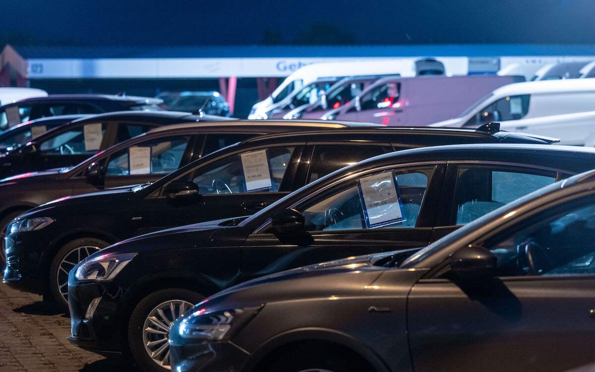 A Ford dealership lot; some states ban car sales on Sunday due to blue laws