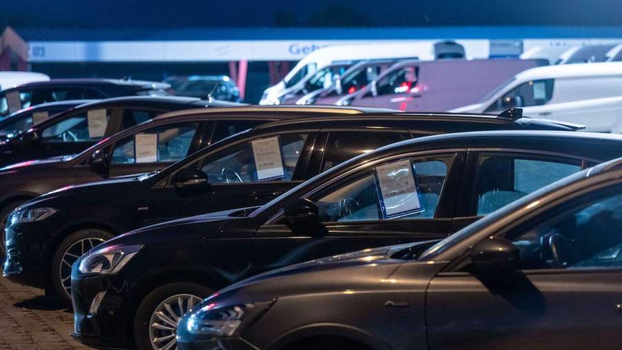 A Ford dealership lot; some states ban car sales on Sunday due to blue laws