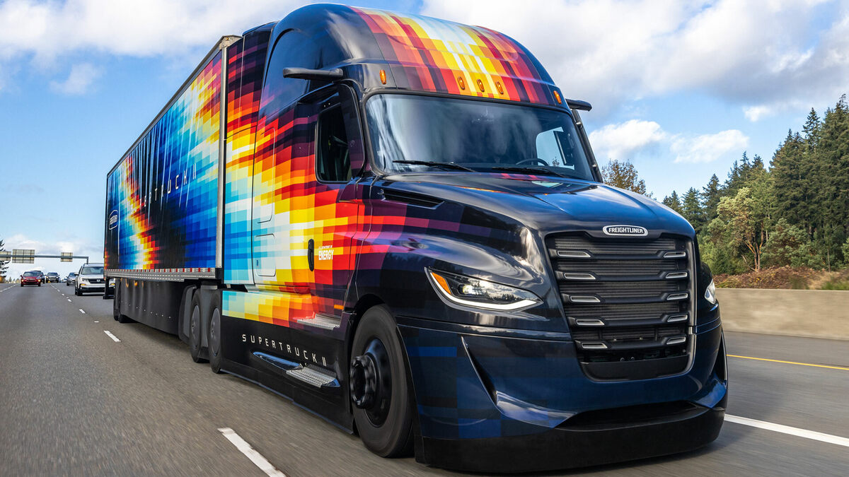 Freightliner conventional semi-truck with wild graphics