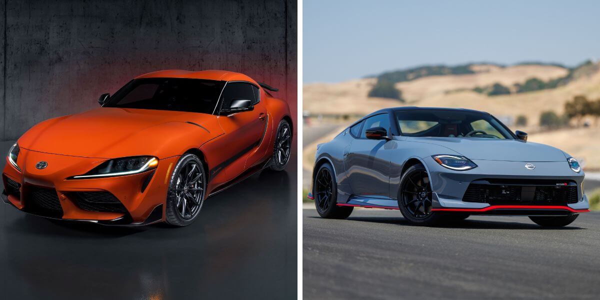 The 2024 Toyota GR Supra 40th Anniversary Edition (L) and 2024 Nissan Z NISMO (R) sports cars