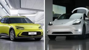 The Genesis GV60 (L) and Tesla Model Y (R) compact all-electric (EV) SUV models