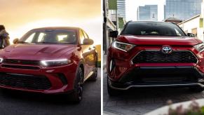 The 2024 Dodge Hornet R/T (L) and 2023 Toyota RAV4 Prime XSE (R) plug-in hybrid compact SUV models