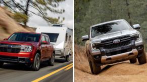 The 2022 Ford Maverick EcoBoost AWD Lariat compact truck (L) and 2024 Ford Ranger Lariat midsize truck models