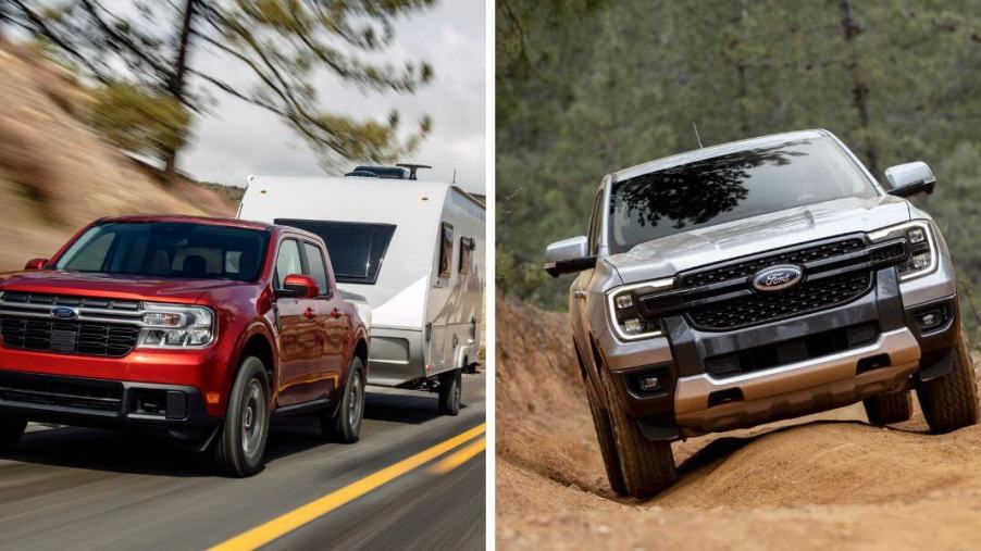 The 2022 Ford Maverick EcoBoost AWD Lariat compact truck (L) and 2024 Ford Ranger Lariat midsize truck models