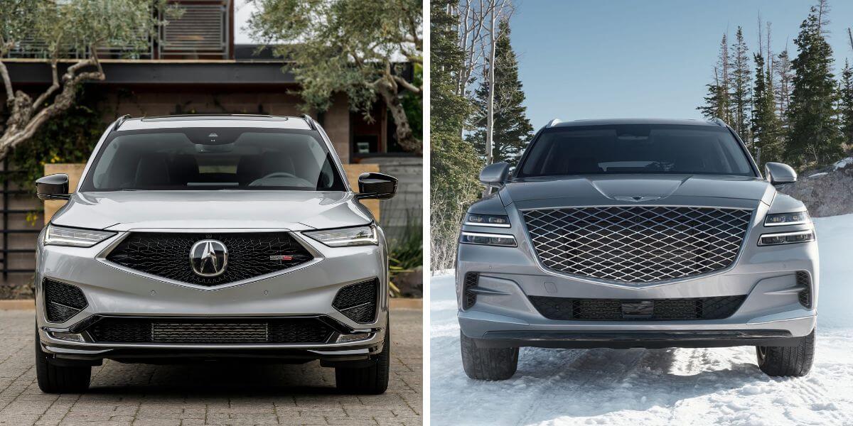 The 2023 Acura MDX Type S (L) and 2024 Genesis GV80 (R) midsize luxury SUV models