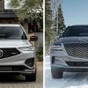 The 2023 Acura MDX Type S (L) and 2024 Genesis GV80 (R) midsize luxury SUV models