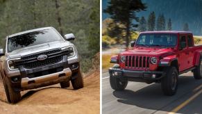 The 2024 Ford Ranger Lariat (L) and 2023 Jeep Gladiator Rubicon (R) midsize pickup truck models
