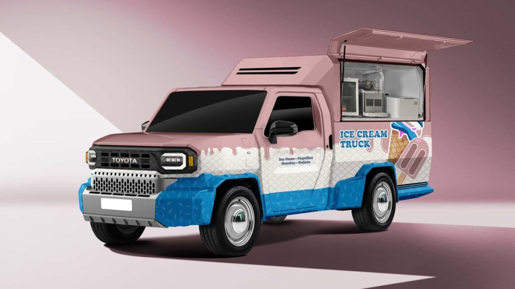 2025 Toyota Rangga truck rendering as ice cream truck in pink, white, and blue