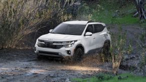 A white 2024 Kia Seltos X-Line subcompact SUV model driving through rivers of mud in the wild