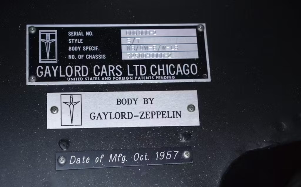 1957 build-date plaque of the Gaylord Gladiator supercar concept.