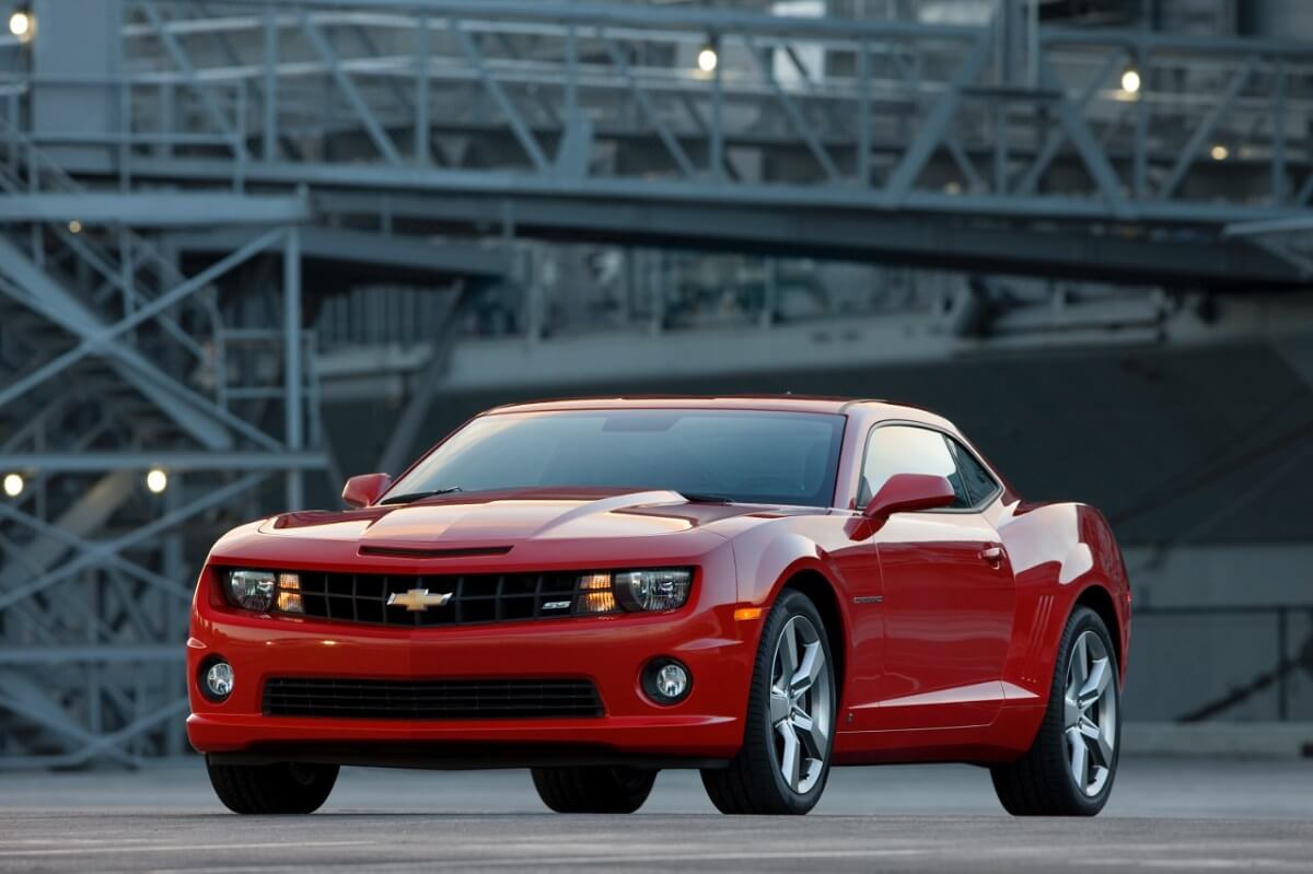 A bright-red 2010 Chevrolet Camaro SS parks in a shipyard.
