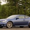 A front corner view of a blue Infiniti G37 coupe