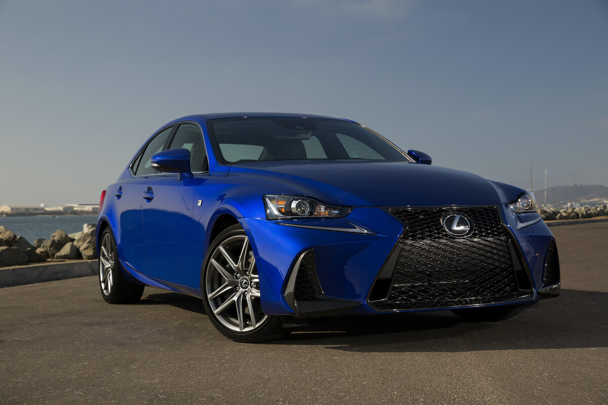 A front corner view of a blue 2018 Lexus IS 350, one of the fastest sedans for families
