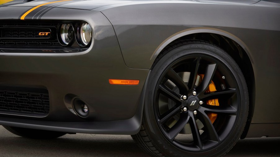A gray Challenger shows off its black wheels, which, along with AWD, makes it one of the best road trip cars in the segment.