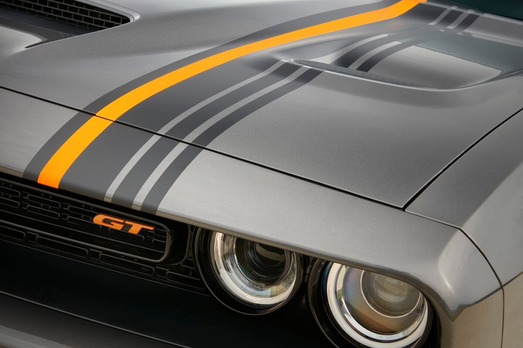 A gray 2022 Dodge Challenger GT shows off its road trip ready badging.