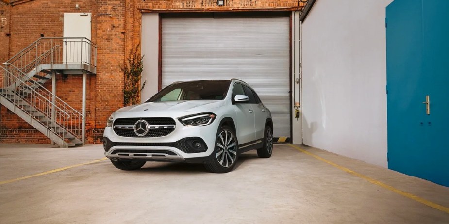 A white 2023 Mercedes Benz GLA Class small SUV is parked. 