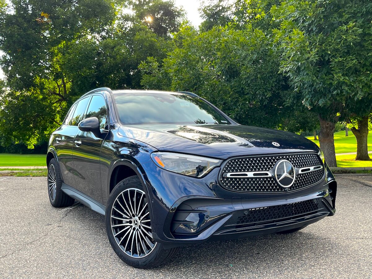 A front corner view of the 2023 Mercedes-Benz GLC 300 at a park