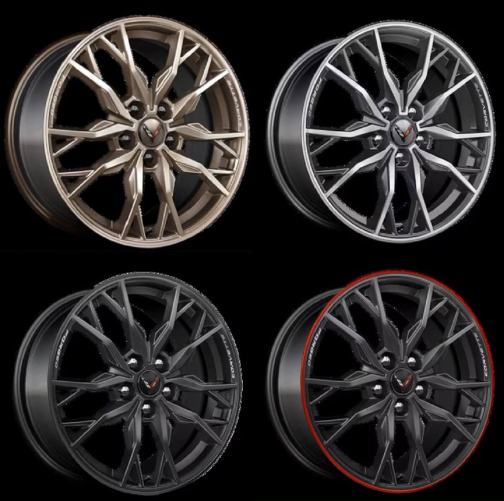 Wheel options for the 2023 Chevrolet Corvette show off their colors. 