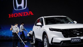 A white 2024 Honda CR-V on display at the 44th Bangkok International Motor Show 2023. The 2024 Honda CR-V's safety features are a big highlight.