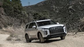 A white 2024 Hyundai Palisade on a dusty trail in the mountains. Hyundai Palisade owners love lots of parts of their vehicles.