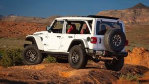 A white Jeep Wrangler Rubicon 392 shows off its rear-end styling.
