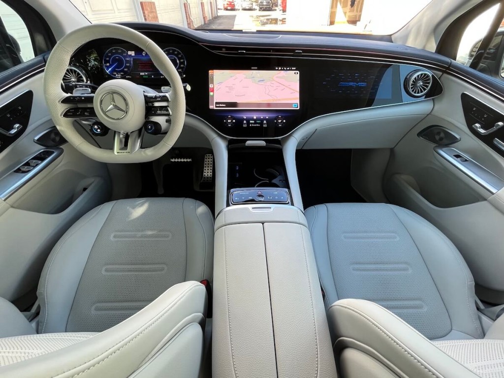 A front interior view of the 2024 Mercedes-EQE AMG luxury SUV