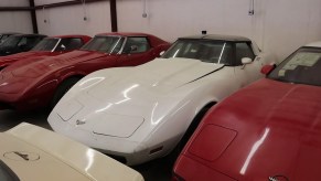 A line of beautiful '70s Corvettes in pristine condition.