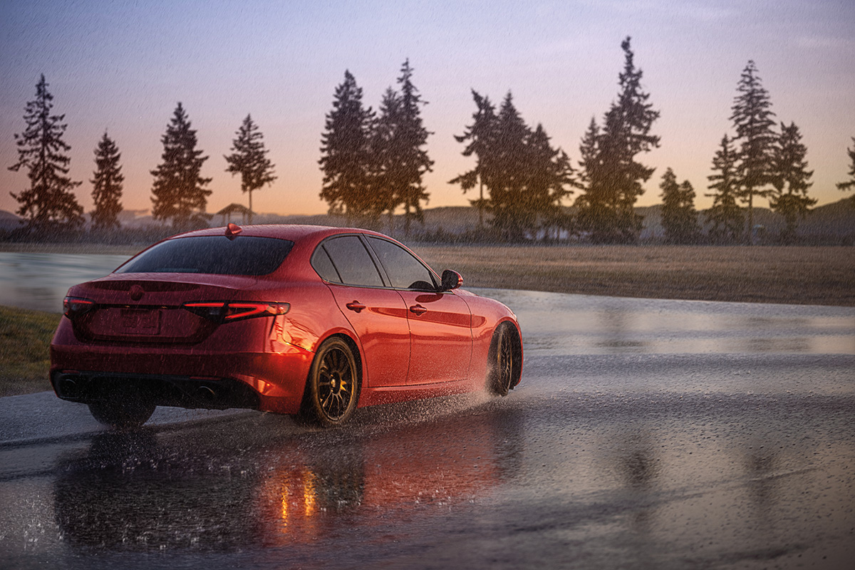 BMW driving through heavy standing water to demonstrate the abilities of the Bridgestone Potenza Sport AS tires