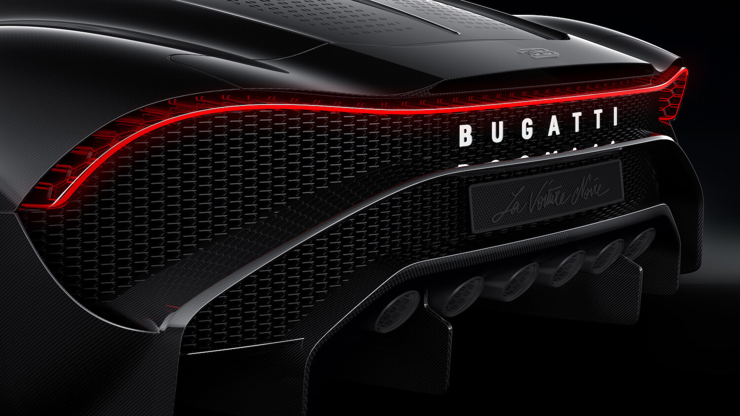 Bugatti logo in the tail light of a Chiron supercar.