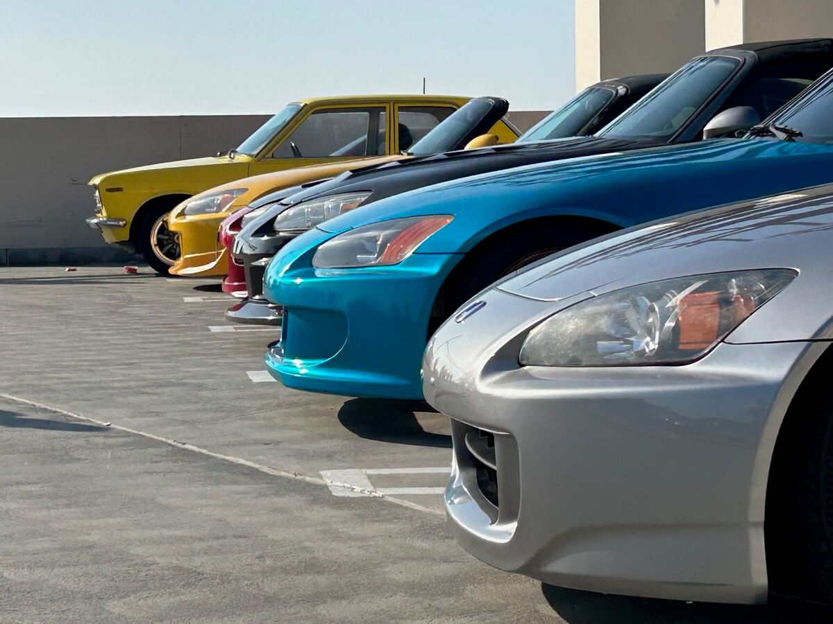 A row of Honda S2000 sports cars show off at the South OC Cars and Coffee in San Clemente.