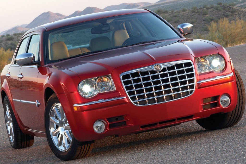 A front corner view of the Chrysler 300C in red