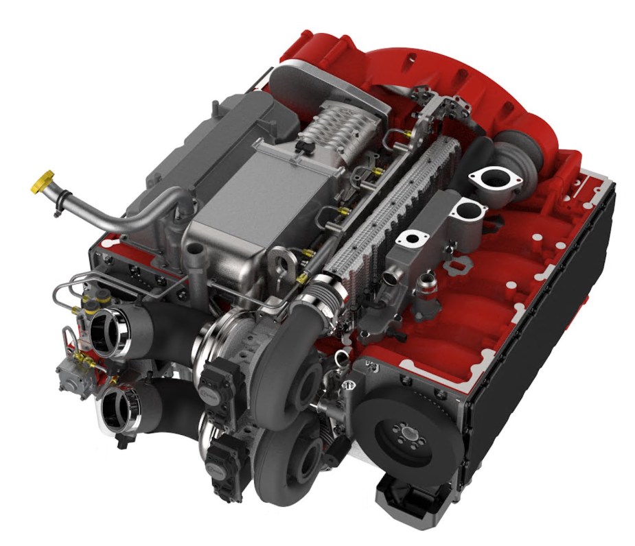 The supercharger and twin turbochargers on Cummins new opposed-piston ACE engine.