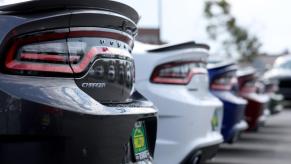 Dodge cars on display at a dealership.
