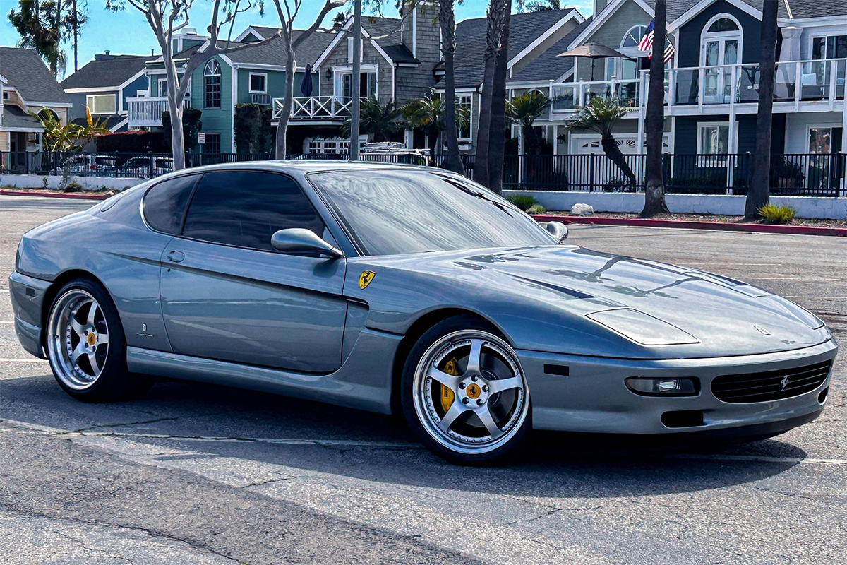 Silver Ferrar 456 gated six speed manual transmission, one of the cheapest Ferrari models you can buy