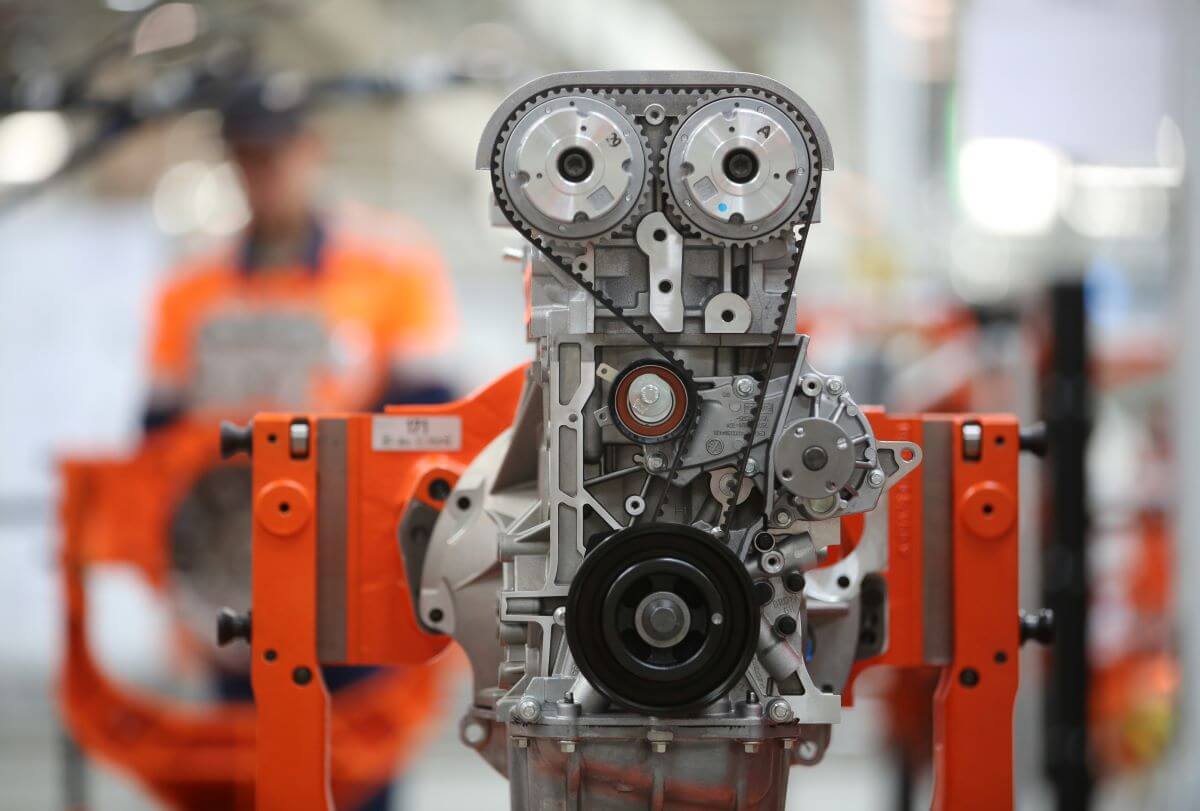 A Ford Duratec engine fitted with a timing belt amidst production in a plant in Elabuga, Russia