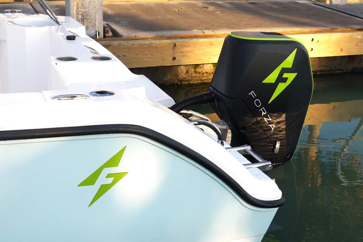A single motor can be seen on the back of a Forza X1 F-22 electric boat