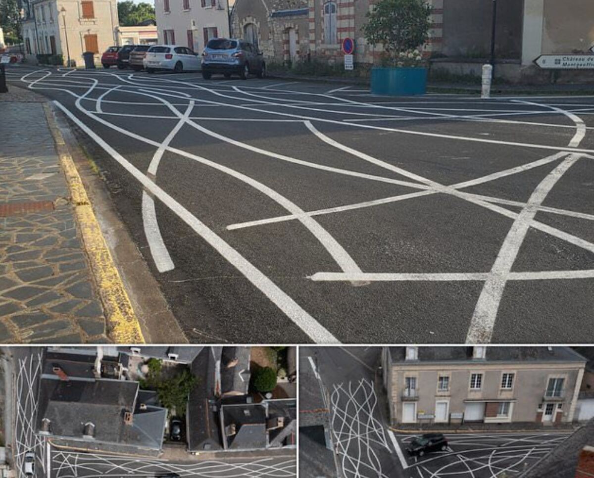 French intersection with crazy lines painted like spaghetti.