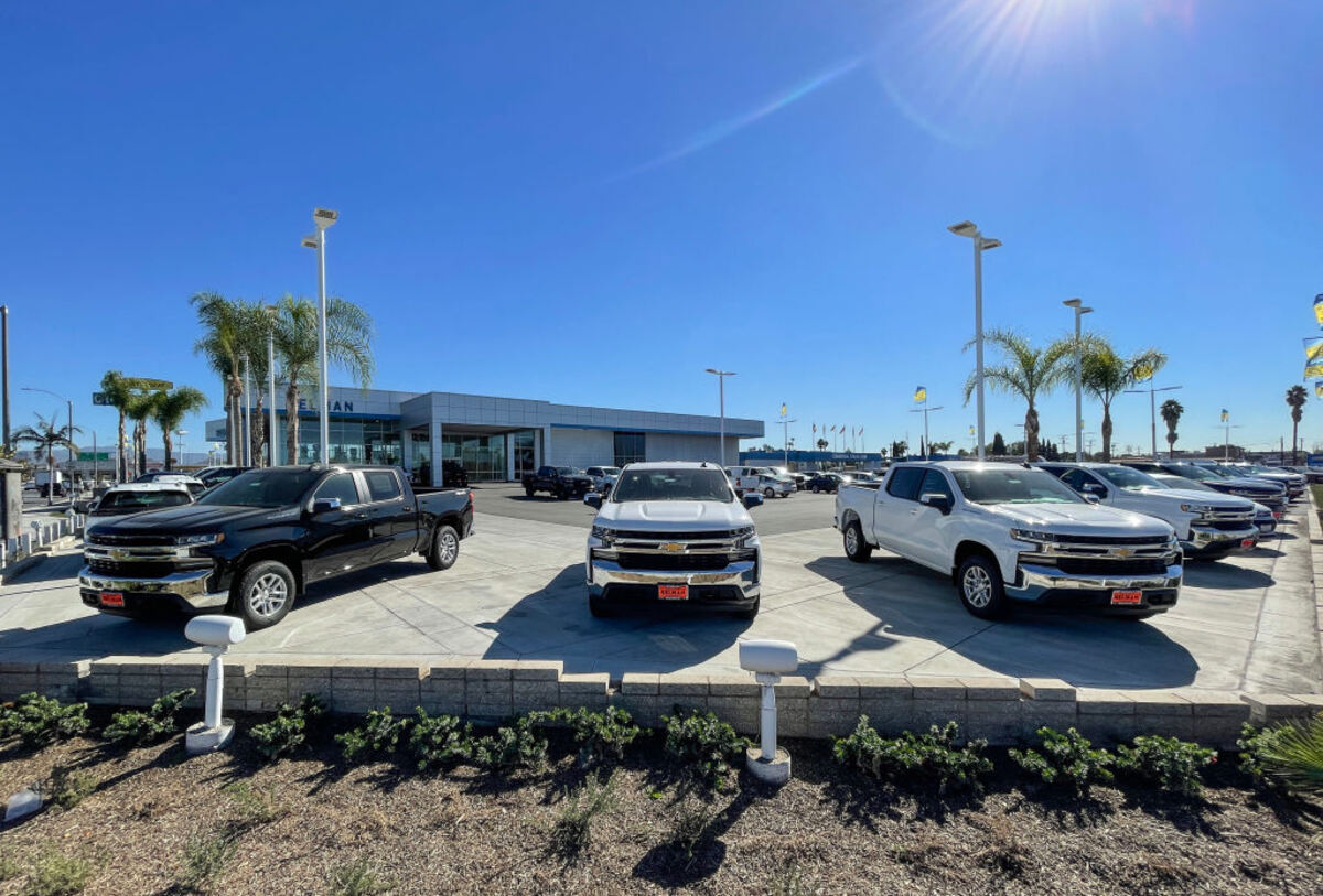 Chevy trucks lined up at Selman dealership