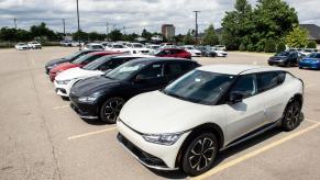 Electric vehicles (EV) for sale at the Lafontaine Kia dealership in Detroit. Indiana car sales are forbidden on one day each week.