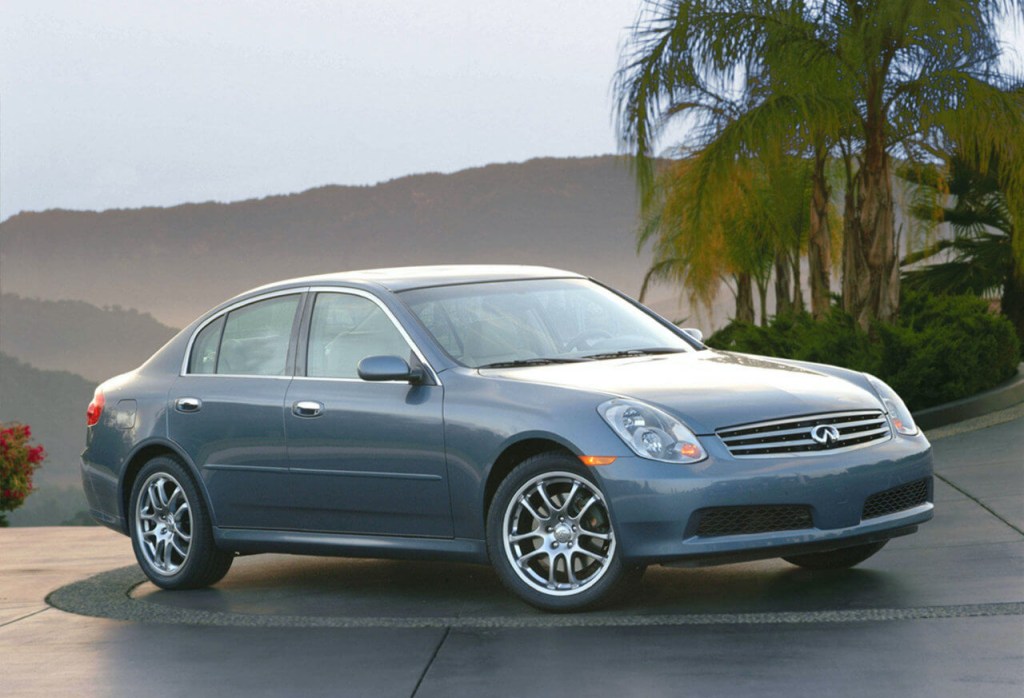 A front corner view of the 2005 Infiniti G35, a fast affordable car