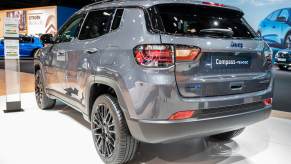 Gray Jeep Compass 4Xe rear at Brussels Expo